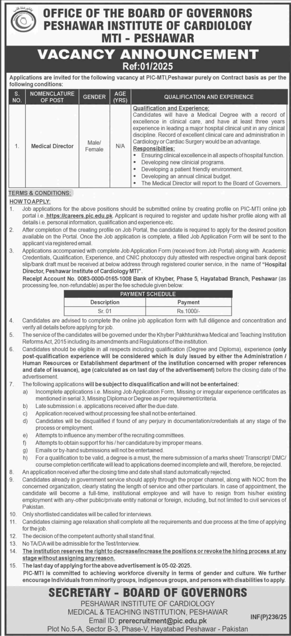 Peshawar Institute Of Cardiology PIC Apply Jobs 2025