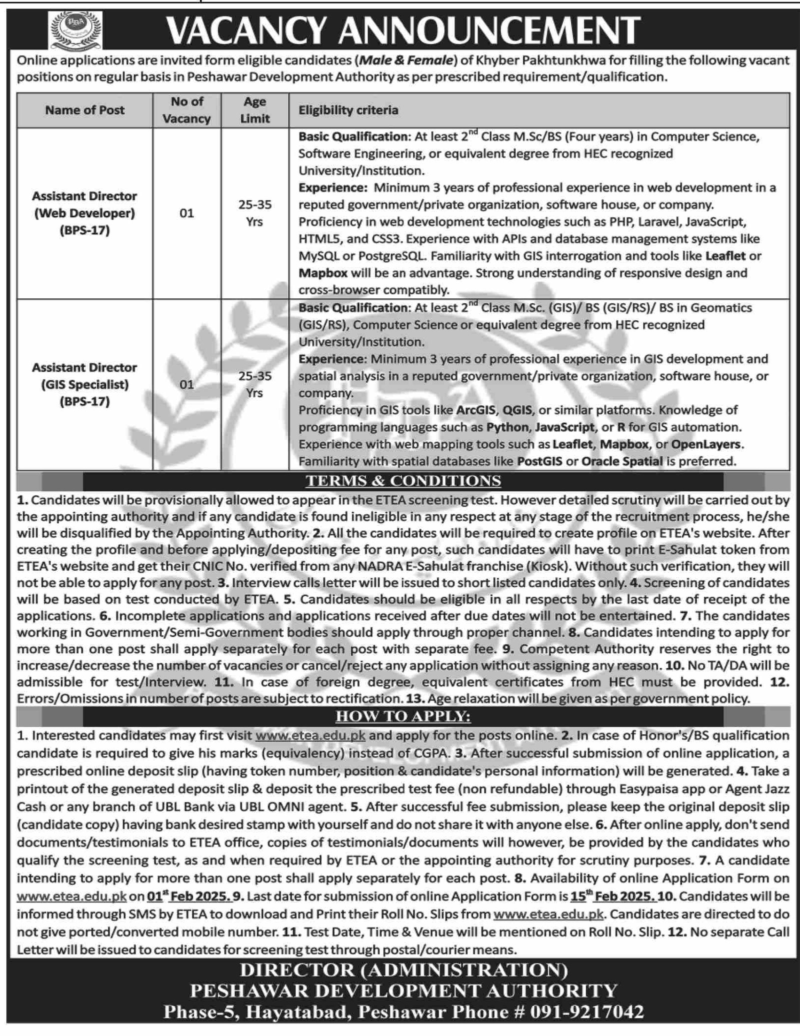 Peshawar Development Authority PDA Jobs 2025