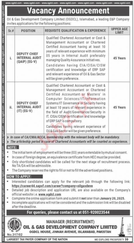 OGDCL Deputy Chief Internal Audit Jobs 2025