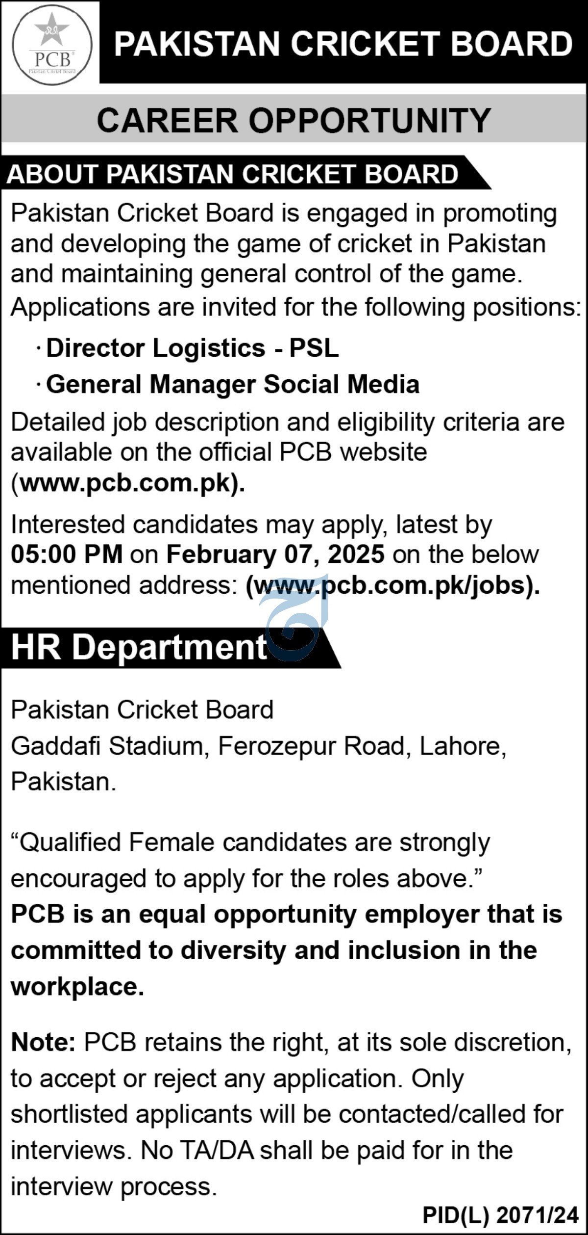 PCB Lahore Jobs 2025