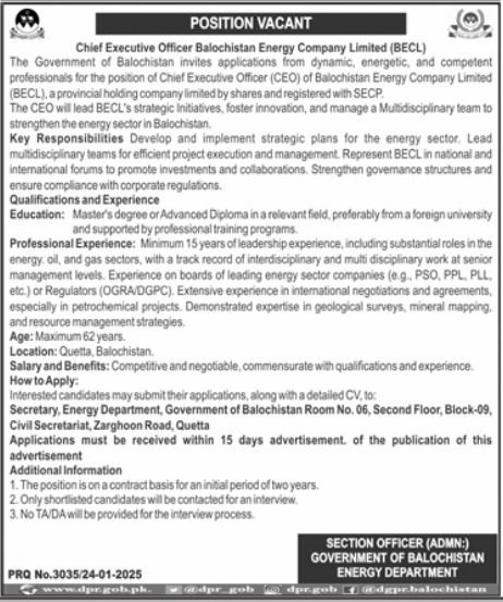 Balochistan Energy Company Limited BECL Jobs 2025
