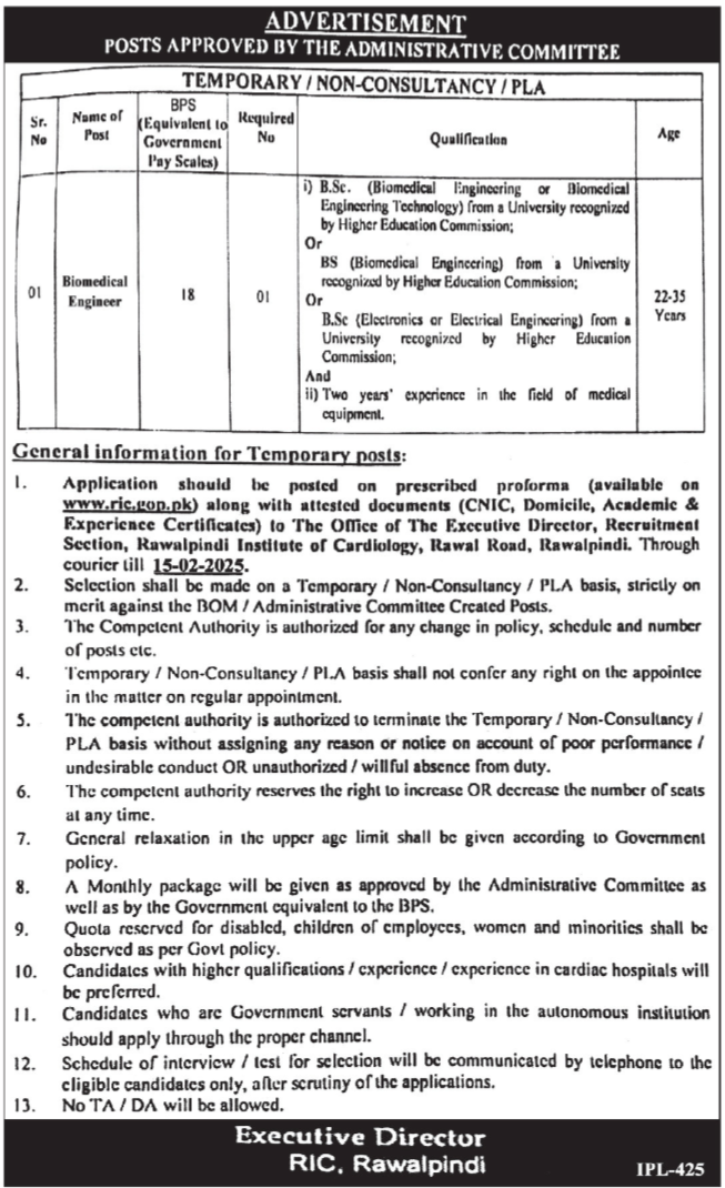 Rawalpindi Institute Of Cardiology RIC Jobs 2025