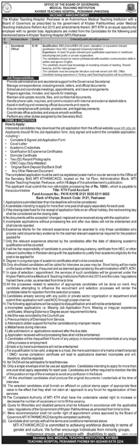 Khyber Teaching Hospital Apply Jobs 2025