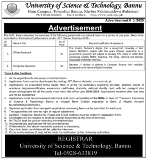 University Of Science & Technology Bannu Jobs 2025 